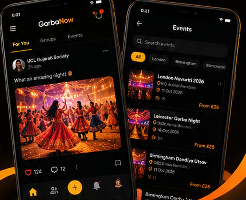The GarbaNow app showing a community feed and an events list