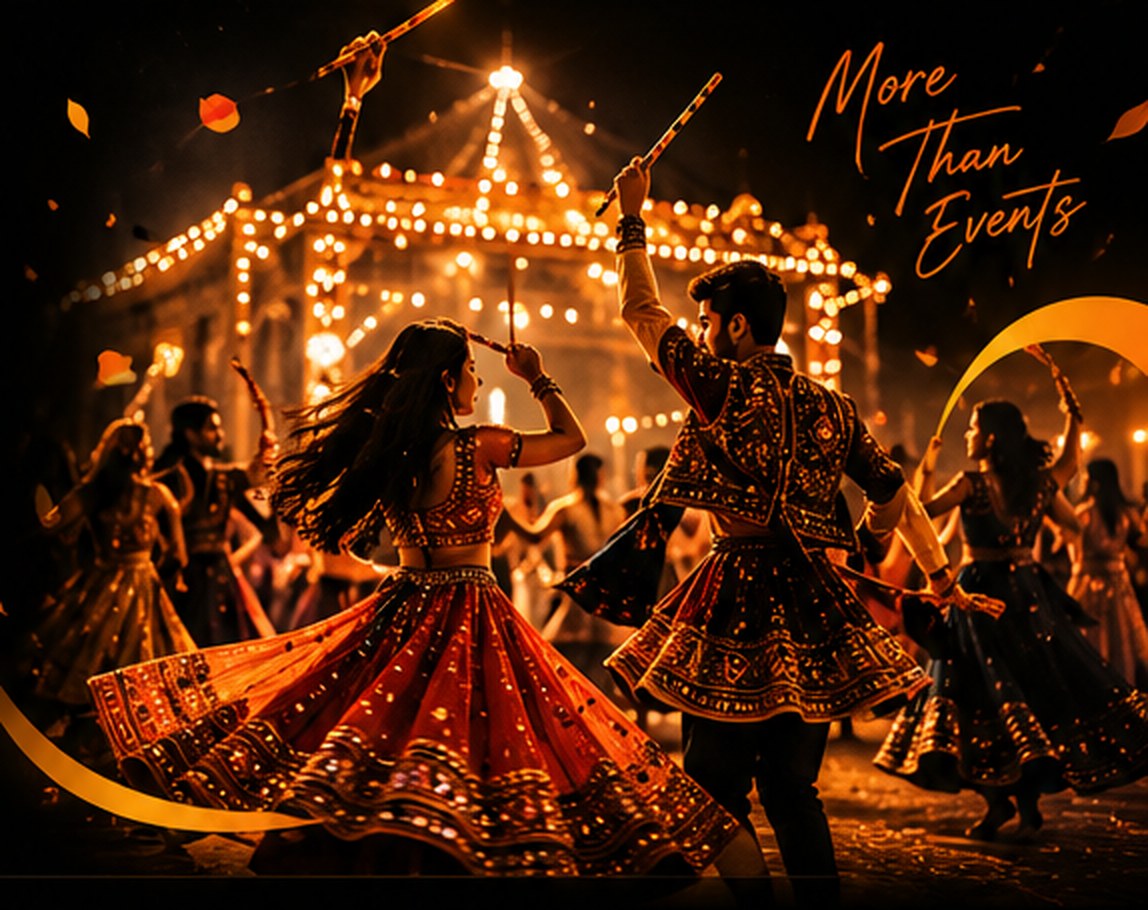 Couples dancing Garba with dandiya sticks under festival lights